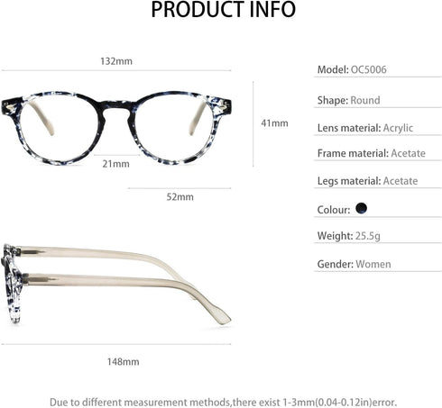 OCCI CHIARI Lightweight Designer Acetate Frame, Stylish Reading Glasses for Women, Black, 3.0