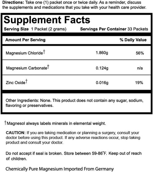 Magnesium Supplement - Magnesium Chloride with Zinc Oxide - Powder Form, 260mg / 33 Sachets