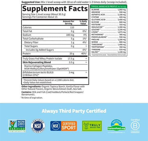 Garden of Life Sport Whey Protein Powder Vanilla Flavor, 20g Protein, Grass Fed, About 15 Servings