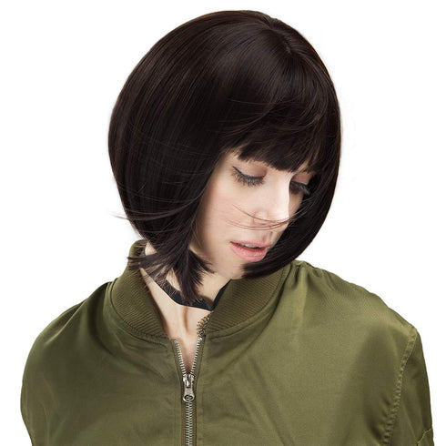 REECHO 11" Short Bob Wig with Bangs, Synthetic Hair for Women, Color: Black Brown