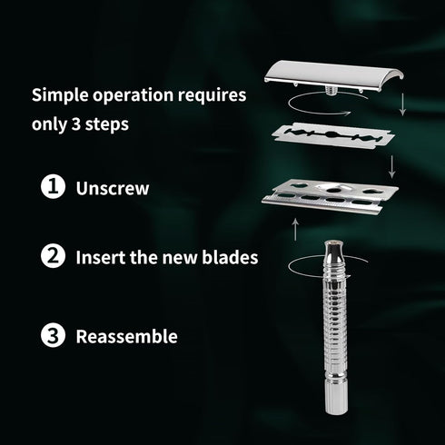 Safety Razor for Men and Women, Reusable Metal Razors, with 10 Platinum Safety Razor Blades, Face Razors for Men Shaving, Sustainable Hair removal and shaving cleaning tools, Metallic Silver