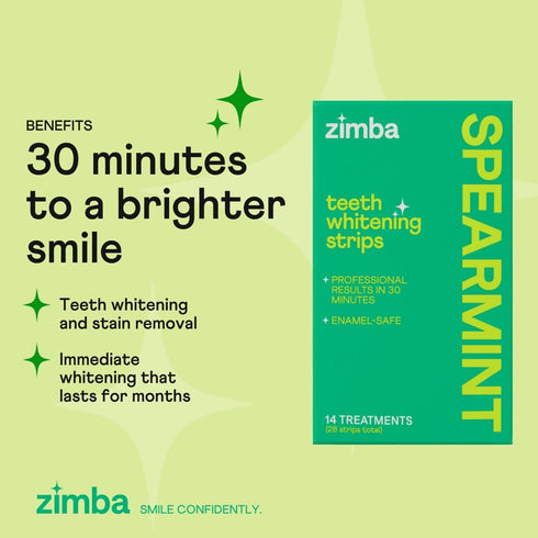 Zimba Spearmint Flavored Teeth Whitening Strips | Vegan, Enamel Safe Hydrogen Peroxide Whitener for Coffee, Wine,
