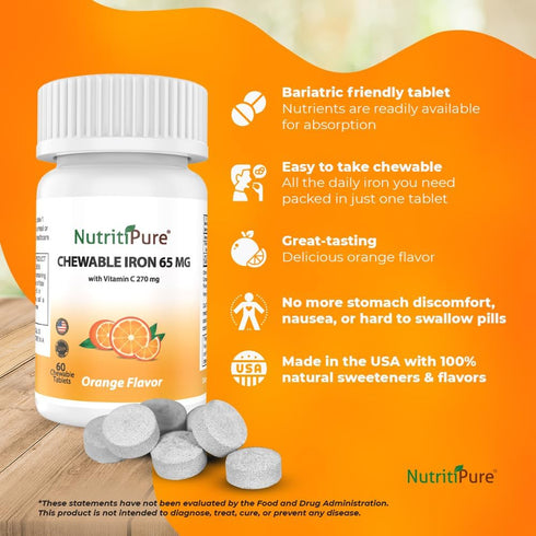 Chewable Iron 65 mg with Vitamin C 270 mg Supplement for Women/Men, 60 Days Supply, Zesty Orange Flavor (60 Count)