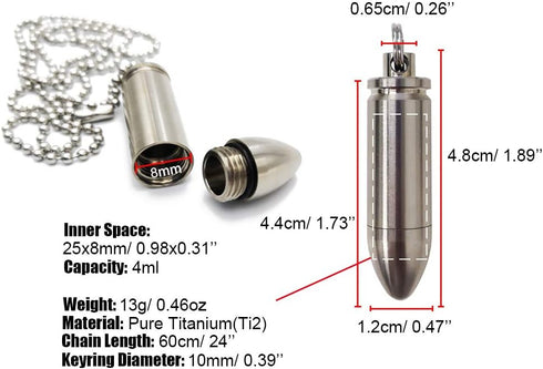 Small Pill Box Titanium Pill Fob Necklace, Mini Waterproof Keychain Holder for Men & Women (TC02 Bullet Pendant)