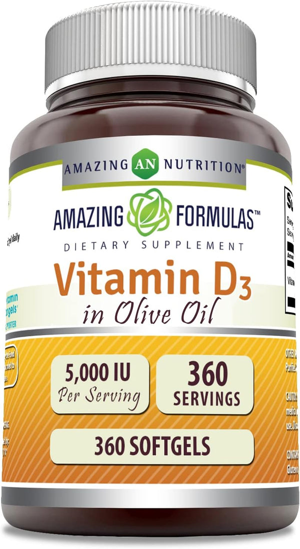 Amazing Formulas Vitamin D3 in Olive Oil Supplement, 5000 IU Per Serving, 360 Softgels, Non-GMO