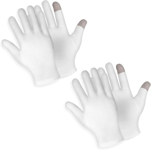Sibba 2 Pairs White Cotton Touch Screen Moisturizing Gloves for Overnight Bedtime Hand Spa Treatment, Heal Eczema