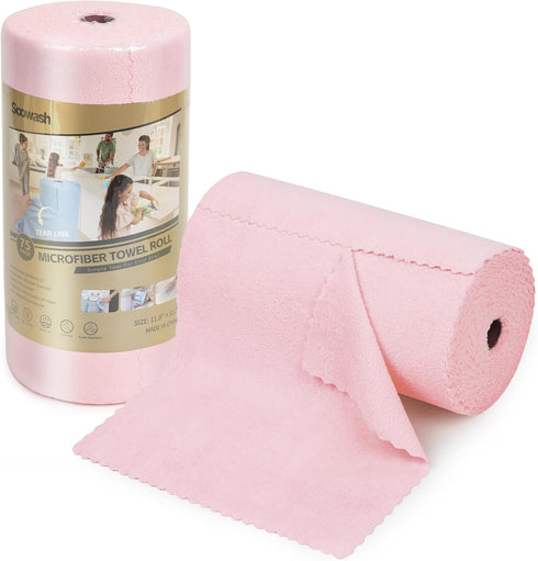 Microfiber Cleaning Cloths Roll 11.8" x 11.8" - Lint Free, Quick Dry, Ultra Absorbent Reusable Rags (Pink)