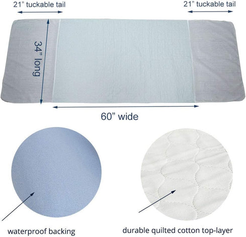 Pack 2 34"X60" 21" Careboree of Cotton Top-Layer Reusable Tuckable Underpads Incontinence Bed Pads Queen Washable Wings