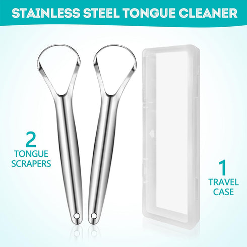 2 Pack Metal Tongue Scraper for Adults, Stainless Steel Cleaner with Travel Case, Reusable for Oral Care