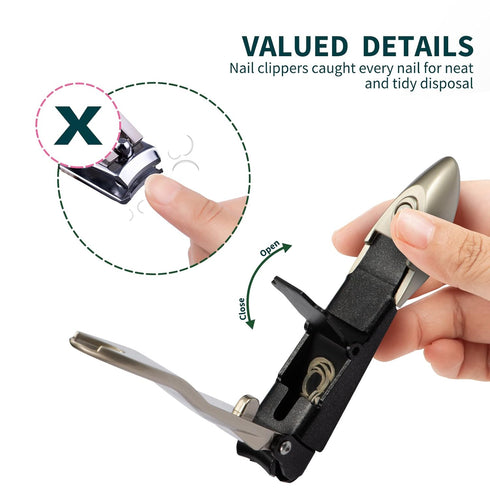 Nail Clippers with Catcher, No Splash Fingernail Toenail Clippers, Sharp Curved Blade & Glass Nail File for Men Women