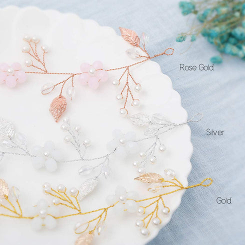 Rose Gold Wedding Headpiece, Flower Hair Vine, Pearl Bridal Crystal Headband for Women