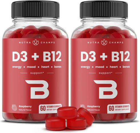 Vitamin D3 & B12 Methyl Gummies for Adults & Kids, Enhanced with Folate, Natural Energy & Focus, Raspberry, 120 Gummies