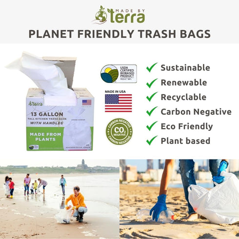 Made By Terra 13 45 USDA Certified - Plant Based Kitchen Trash Bags with HANDLES, Gallon Standard Size - Bags