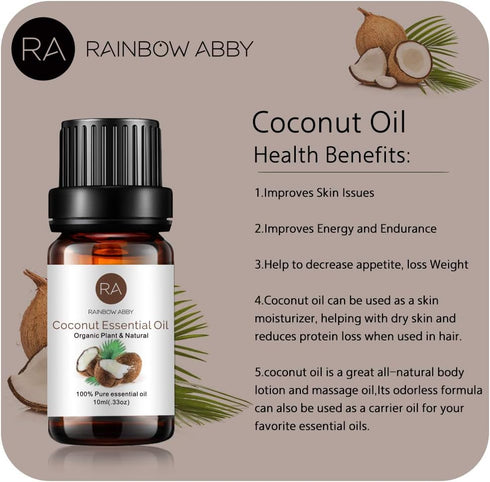 RAINBOW ABBY 2-Pack Coconut Essential Oil, Pure, Undiluted, Therapeutic Grade - 2x10 ml