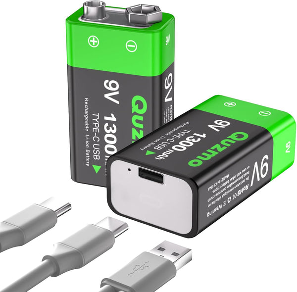 2-Pack Rechargeable 9 Volt Lithium-ion Batteries 1300mAh Long Lasting Power, USB-C Recharge with 2 in 1 Charging Cable