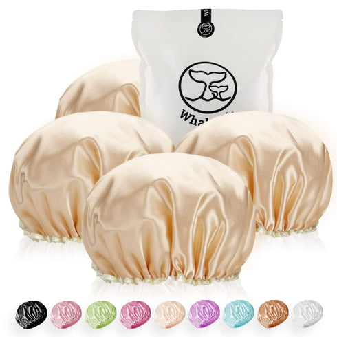 Shower Cap for Women, Extra Large Reusable Shower Cap for Men (Golden 4 Pack) Waterproof Long Hair Satin Double Layer