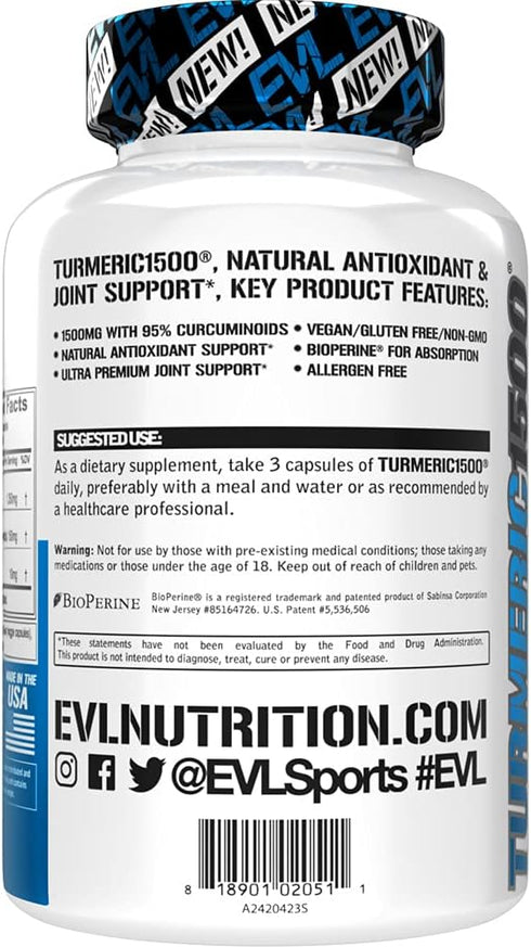 Herbal Relief Turmeric Curcumin with Bioperine, 1500mg, 95% Curcuminoid, Non-GMO Vegan Turmeric Supplement