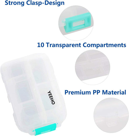 Pill Case - Portable Supplements Tablet Container Box, 10 Compartments, Clear White Organizer for Travel