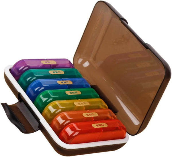 JOYOFREELY Weekly Pill Organizer with 7-Day Multi-Color Compartments, Portable Travel Medicine Case with