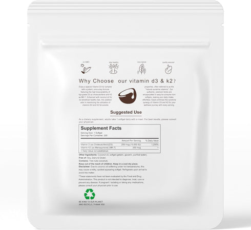 2-in-1 Vitamin D3 K2 Supplement Softgel, Vitamin D3 10000 IU and Vitamin K2 200 mcg, K2 MK7 with D3 Vitamin Supplement Support Immune, Heart, Joint, Teeth & Bone Health