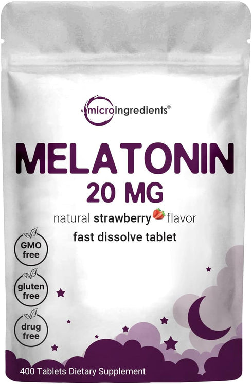 Micro Ingredients Melatonin 20mg Tablets, 400 Counts, Natural Strawberry Flavor, Fast Dissolve