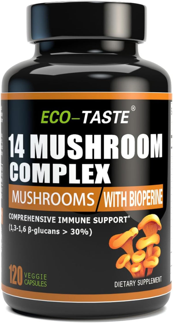 14 Mushrooms Supplement 120 Capsules - Immune System Booster & Nootropic Brain Supplement with Black Pepper