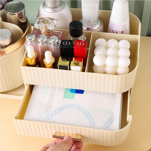 Makeup Organizer Countertop with Drawers, 360 Rotating Brush Holder, Large Capacity Skincare Organizer