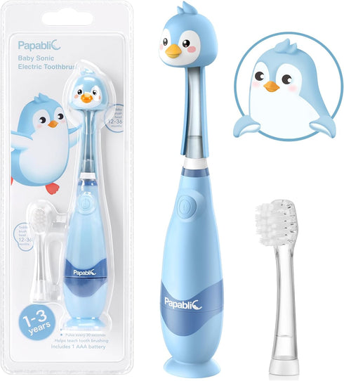 Papablic Toddler Sonic Electric Toothbrush for Ages 1-3, Cute Penguin Cover, Smart LED Timer, 2 Brush Heads