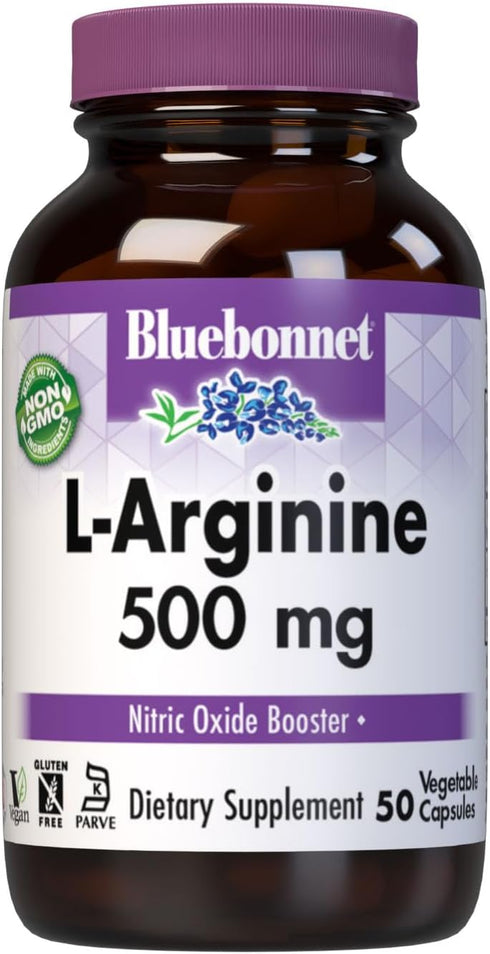 Bluebonnet Nutrition L-Arginine 500mg, Free-Form Amino Acid, 50 Vegetable Capsules, Non-GMO