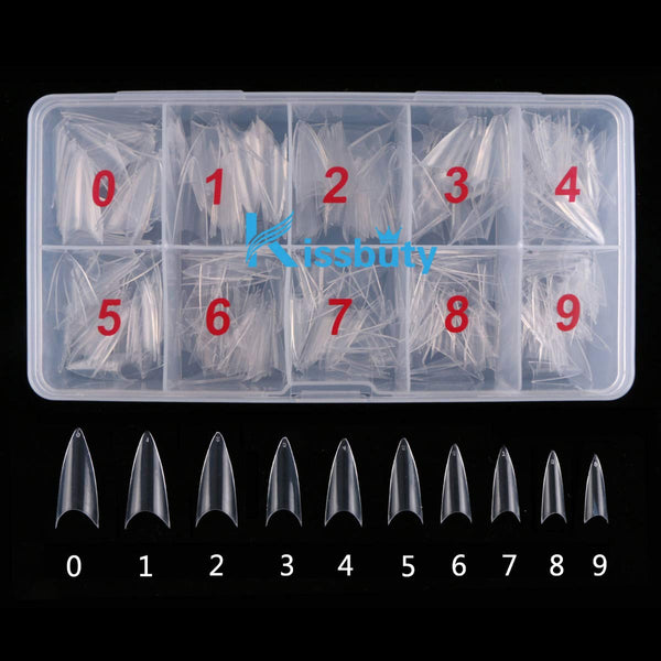 Kissbuty 500 PCS Stiletto Nails, Clear Color Sharp Ending False Acrylic Nail Art Tips, 10 Sizes with Box