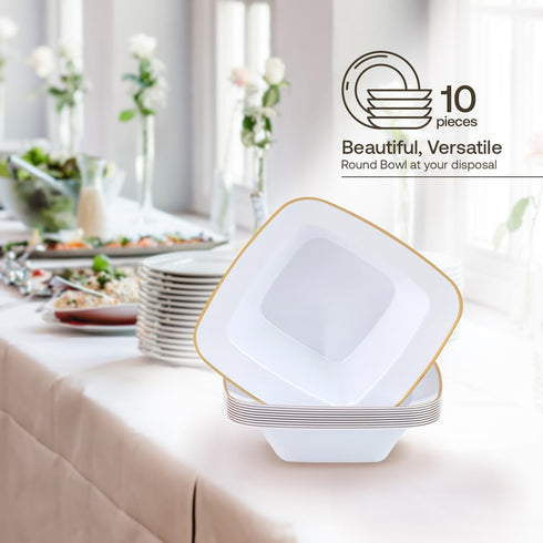 Party Plastic Bowls, White with Gold Rim, 10 Count Elegant Premium Dessert Bowls for Celebrations (5 oz.)