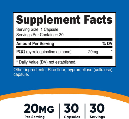 Nutricost PQQ (Pyrroloquinoline Quinone) 20mg, 30 Capsules - Vegetarian Capsules, Non-GMO, Gluten Free
