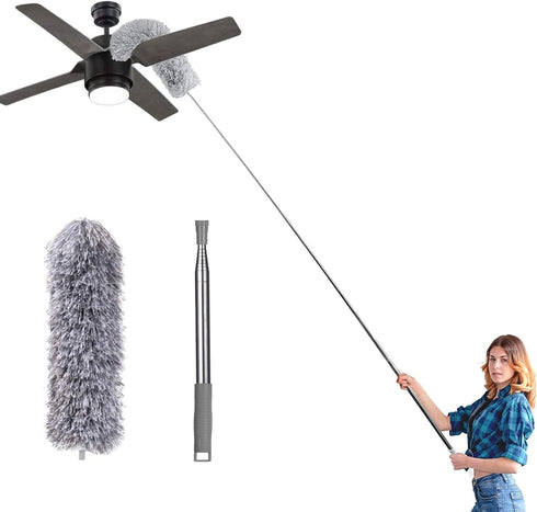 Microfiber Feather Duster, Extendable Cobweb Duster with 100 inches Pole, Washable & Lightweight for Cleaning