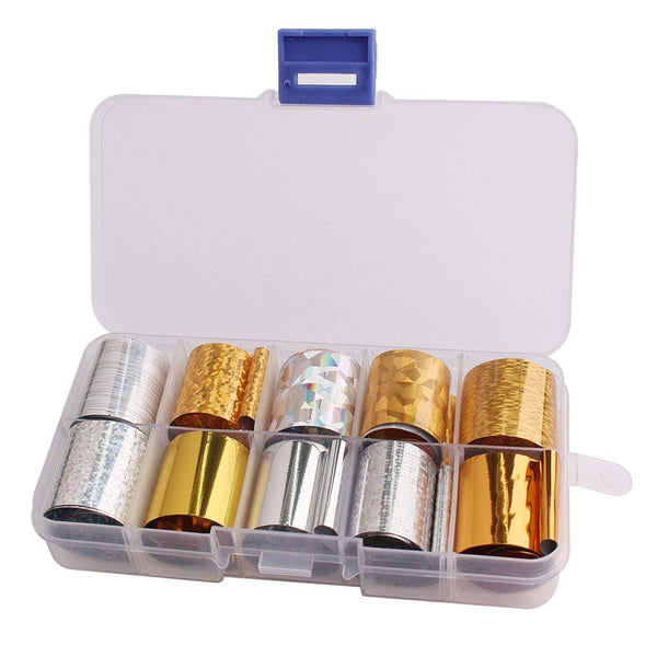 WOKOTO 10 Rolls Gold And Silver Foil Nail Art Adhesive Stickers - Starry Sky Laser Nail Transfer Wraps for Manicure