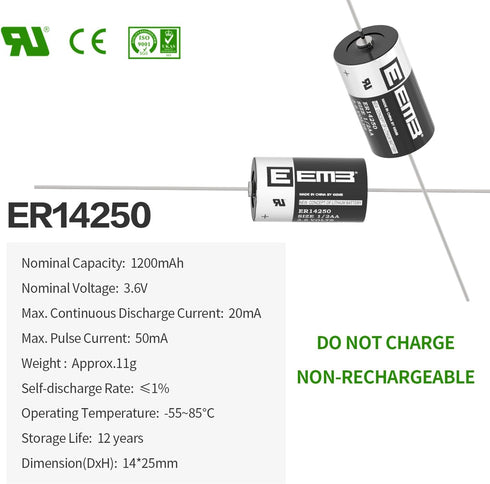 EEMB ER14250 1/2AA 3.6V Lithium Battery with AX Solder Tabs Li-SOCL2 Non-Rechargeable Battery XL-050F SB-AA02 LS14250 TL-5902 TL-2150 for Slot Machine/Game chip Board