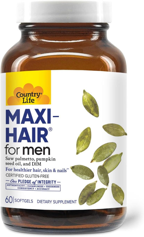 Country Life Maxi-Hair for Men - 2000mcg Biotin, Saw Palmetto, Pumpkin Seed Oil & More, 60 Vegan Capsules