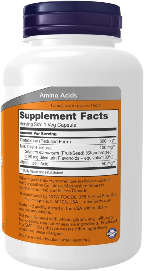 NOW Foods Glutathione 500 mg with Milk Thistle Extract & Alpha Lipoic Acid, 120 Veg Capsules for Antioxidant Support