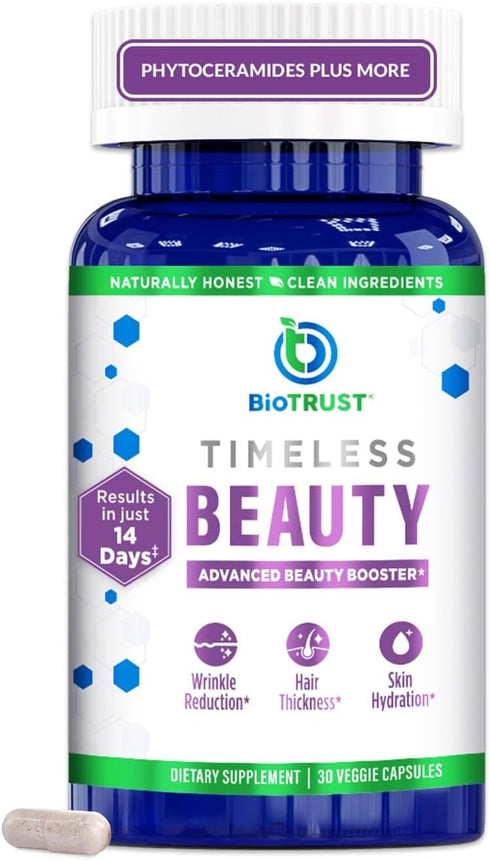 BioTrust Timeless Beauty Ceramide Booster, Hair & Skin Supplement with Vitamin C, E, Biotin & Zinc - 30 Capsules