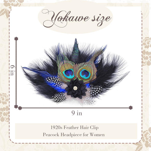 Yokawe 20s Elegant Black Peacock Feather Hair Clip with Flowers, Gatsby Party Accessories for Women