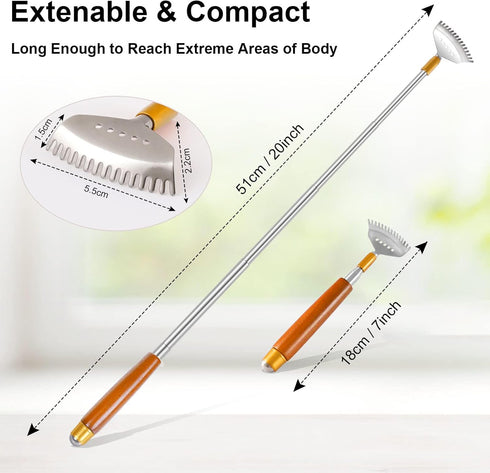 Back Scratcher, Metal Telescopic Back Scratcher with Wooden Handle, Steel Roller Ball, Portable Face Head Scalp