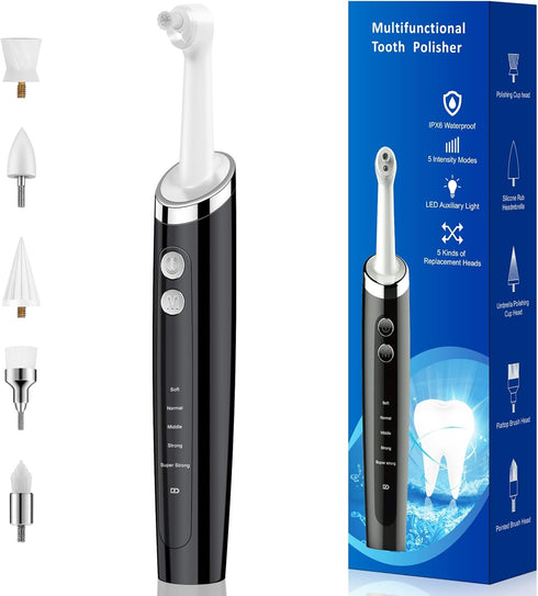 Rechargeable Tooth Polisher Kit - Electric Dental Teeth Polisher with LED Light, 5 Brush Heads