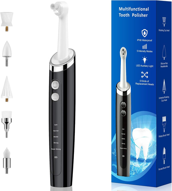 Rechargeable Tooth Polisher Kit - Electric Dental Teeth Polisher with LED Light, 5 Brush Heads