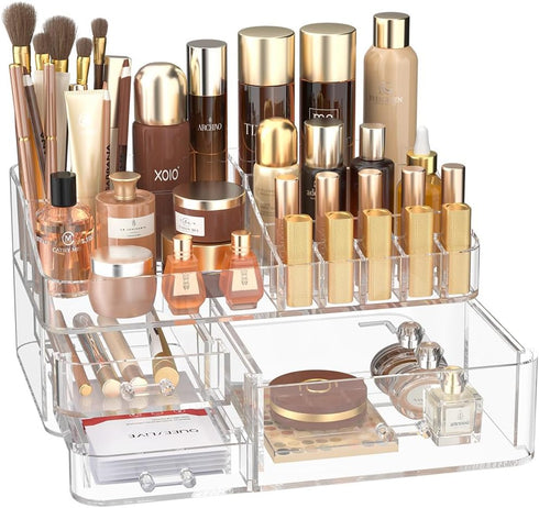 Makeup Organizer for Vanity, Large Acrylic Desk Holder with Drawers, Ideal for Cosmetics, Lipsticks, Nail Polish,