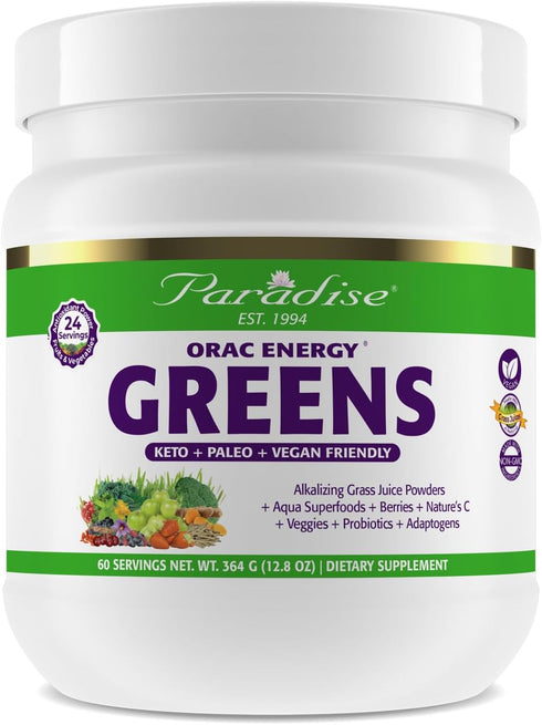 Paradise ORAC Energy Greens Powder Extract, 60 Servings - Super Antioxidants, Probiotics for Gut Health & Digestion