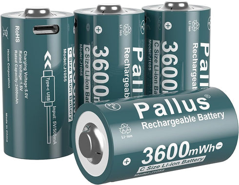 Pallus Rechargeable Lithium C Batteries with 4 in 1 USB-C Charging Cable, 4
