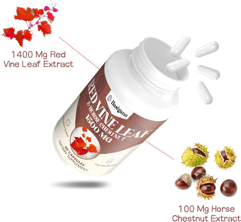 Red Vine Leaf & Horse Chestnut Extract Capsule Supplements - 1500mg Premium Extract for Healthy Veins & Circulation