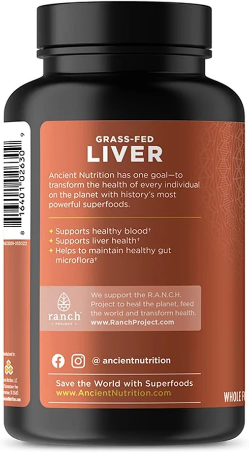 Organ Supplements by Ancient Nutrition, Grass-Fed Wild Organ Complex Capsules, 180 Ct for Healthy Blood and Gut