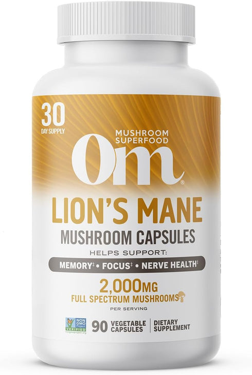 OM MUSHROOM SUPERFOOD Lion's Mane Mushroom Capsules, Superfood Supplement, 90 Count, 30 Day Supply