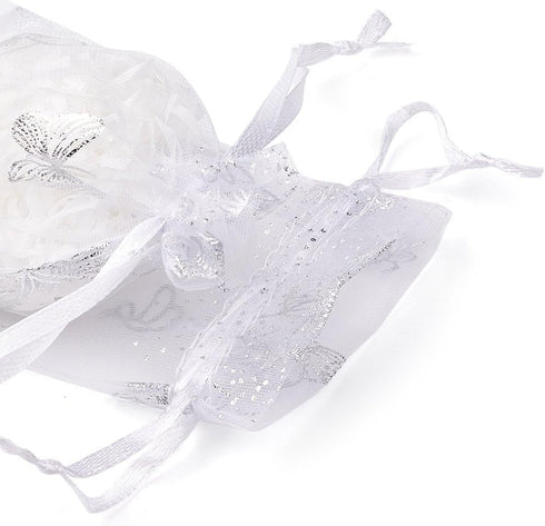 Wudygirl 100pcs Drawstring Organza Bag, 3.54X4.72 Inch, White Butterfly for Wedding Favors