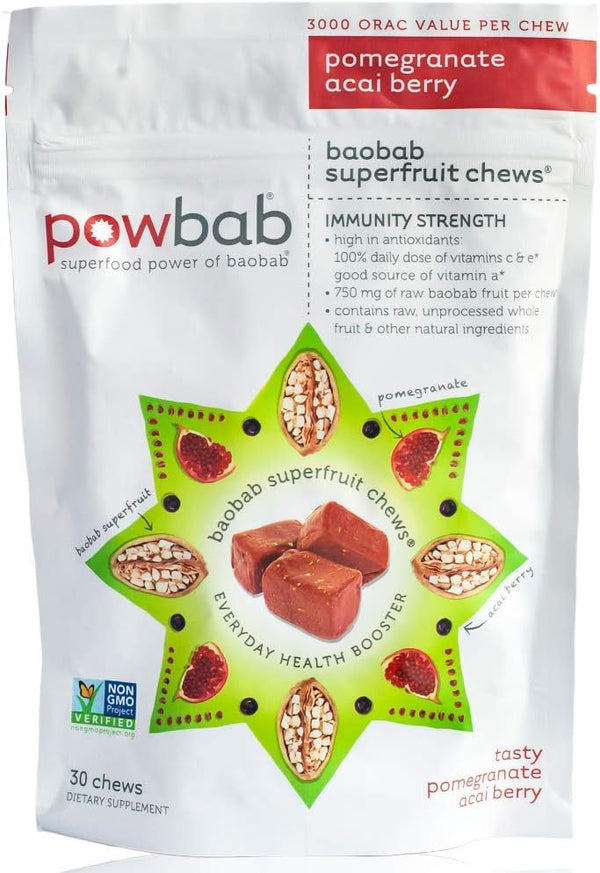 Baobab Superfruit Chews, 750mg Raw Organic Powder, Immune Superfood Supplement, 100% Antioxidants, 30 Chews